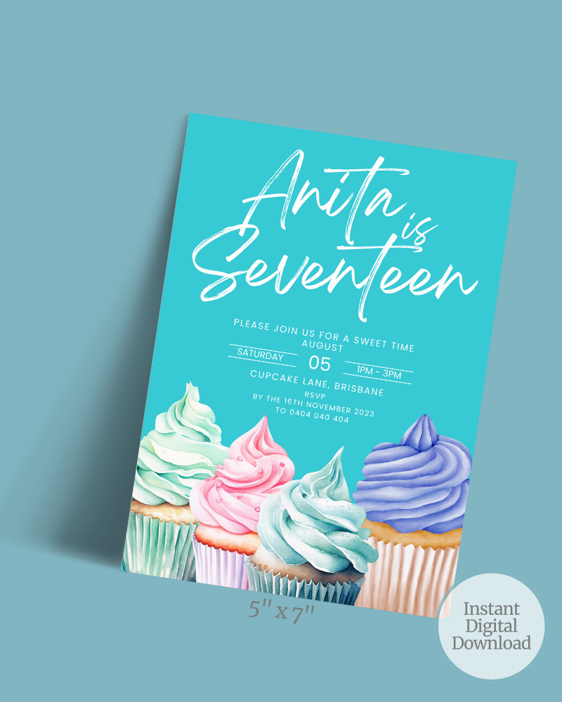 A colorful invitation featuring cupcakes with swirled frosting and playful typography celebrating a seventeenth birthday.