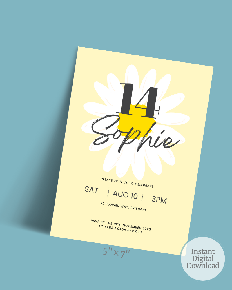 Birthday invitation featuring a floral design with the name Sophie and event details on a pastel background.