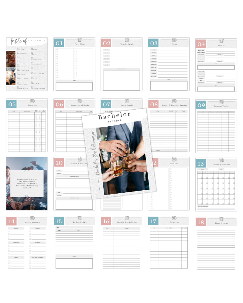 A planner layout featuring sections for party planning, schedules, and activities with a celebratory theme.