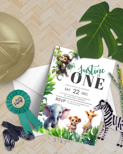 A vibrant invitation featuring playful animals, lush greenery, and colorful text for a first birthday celebration.