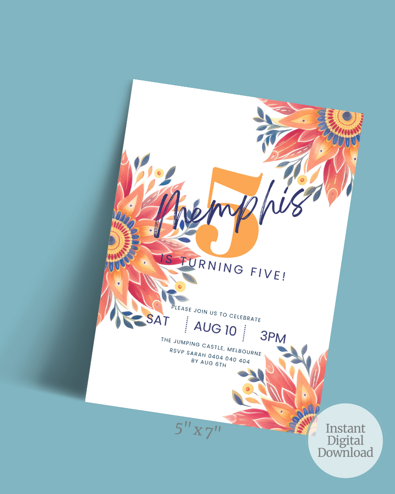 Colorful invitation featuring floral designs and bold text celebrating a fifth birthday, with event details included.