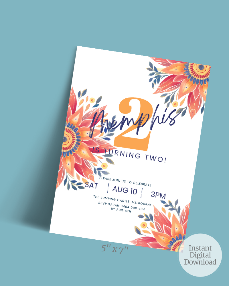 Colorful birthday invitation featuring floral designs and bold text announcing "Memphis is turning two!"