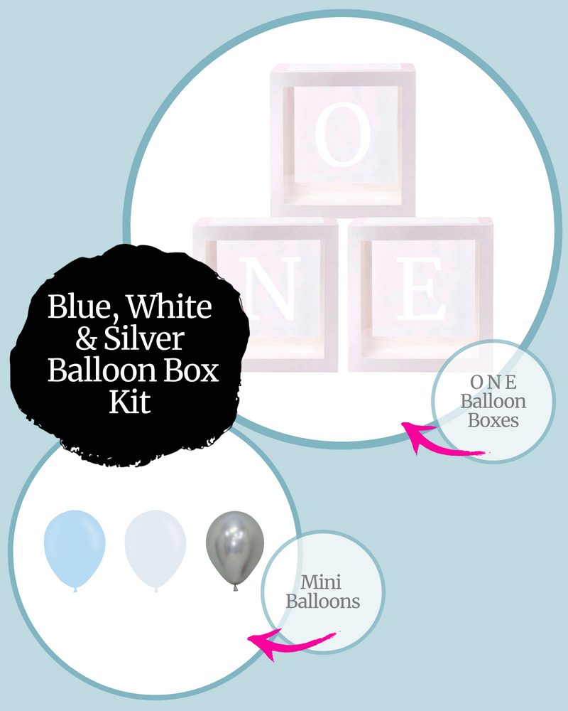 Blue, White & Silver ONE Balloon Box Kit