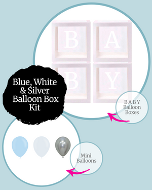 
            
                Load image into Gallery viewer, Blue, White &amp;amp; Silver BABY Balloon Box Kit
            
        