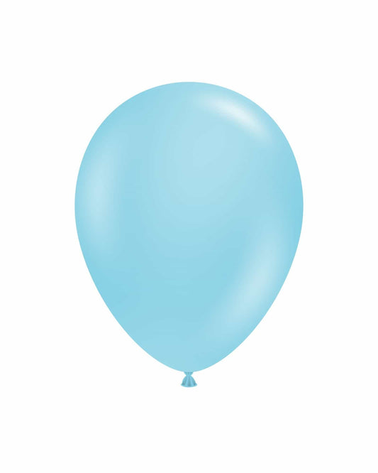 A single, glossy light blue balloon against a plain white background, showcasing its smooth texture and rounded shape.