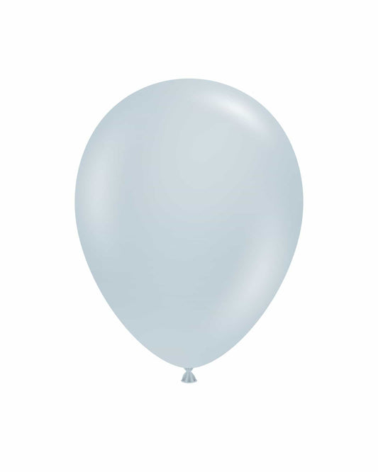 A pale blue balloon floats against a white background, displaying a smooth, glossy surface.