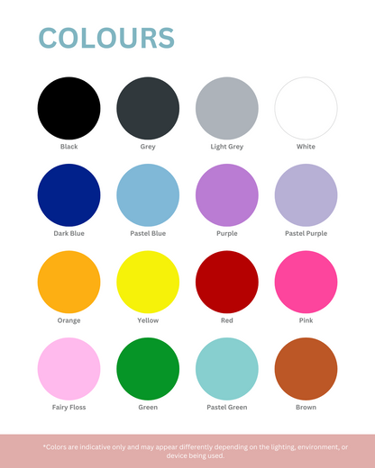 Color palette featuring circles in various shades, labeled with names like Black, Grey, Blue, Yellow, and Pink.