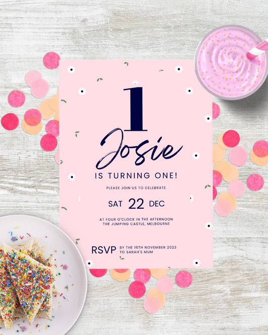 Birthday invitation with pink background, confetti, and colorful cake slices on a plate. Celebrating Josie's first birthday.