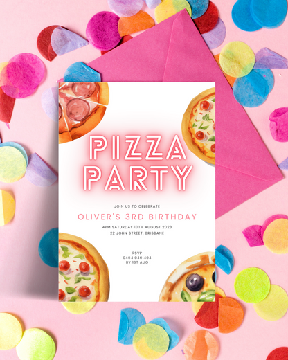 Colorful confetti surrounds a vibrant invitation for a pizza-themed birthday party celebrating Oliver's 3rd birthday.