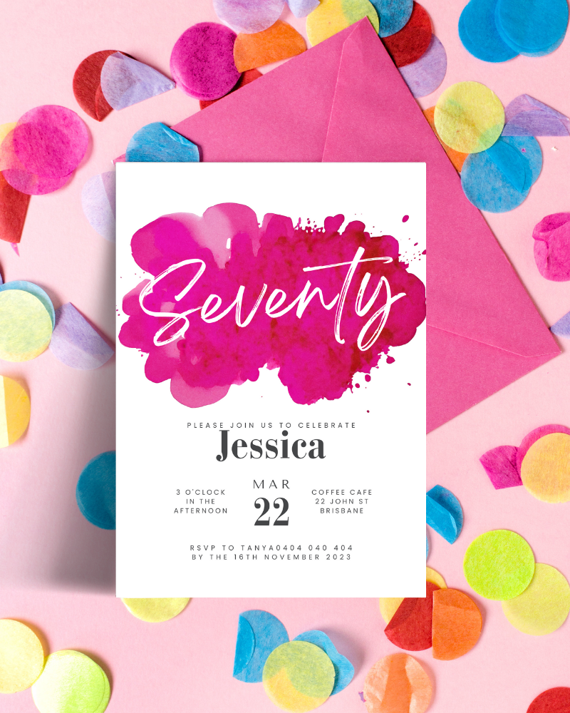 Brightly colored confetti surrounds an invitation with bold watercolor splashes and elegant typography for a celebration.