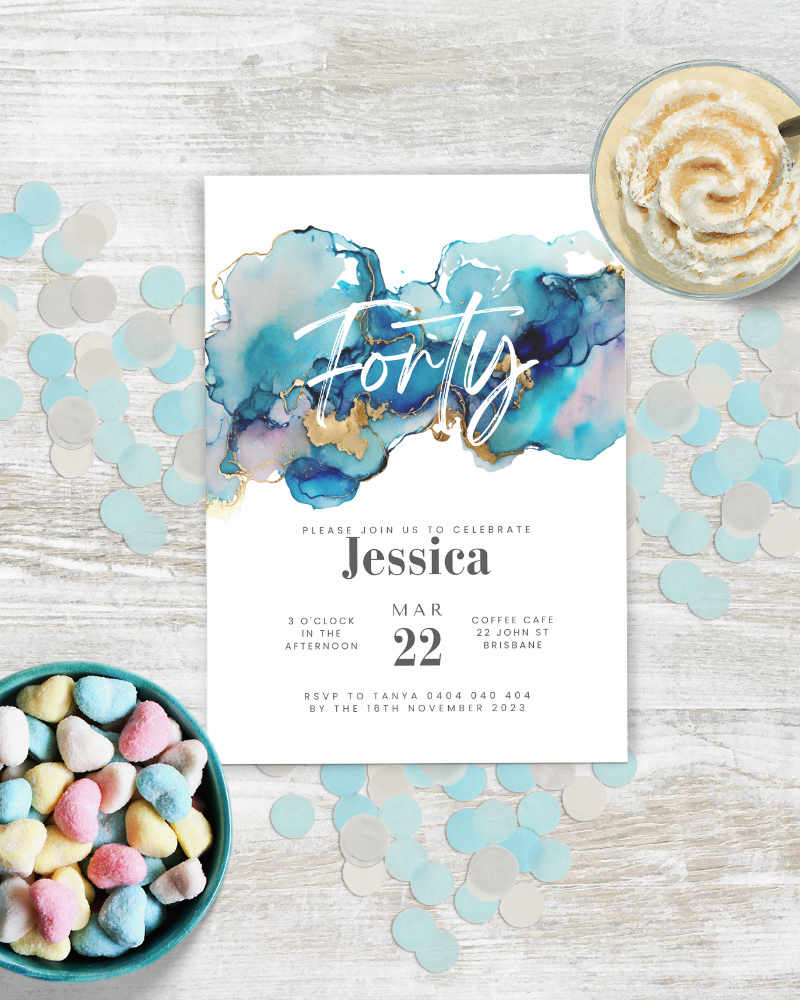 Colorful confetti surrounds a vibrant invitation featuring elegant script and a watercolor background celebrating a 40th birt