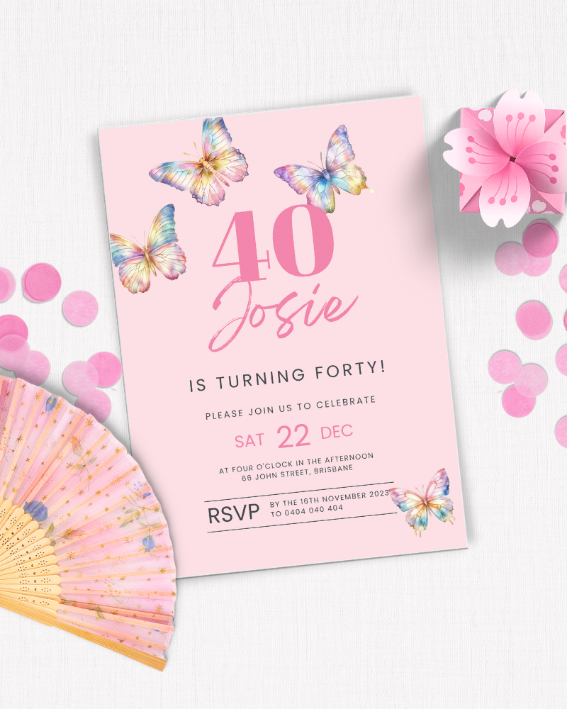 A pastel invitation featuring colorful butterflies and a fan, celebrating Josie's 40th birthday with decorative confetti.