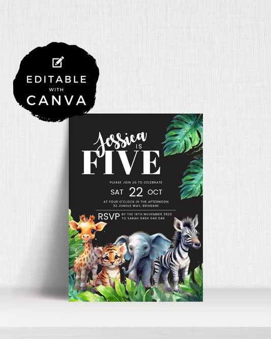 Colorful invitation featuring animals like a giraffe, tiger, elephant, and zebra among tropical leaves for a child's birthday