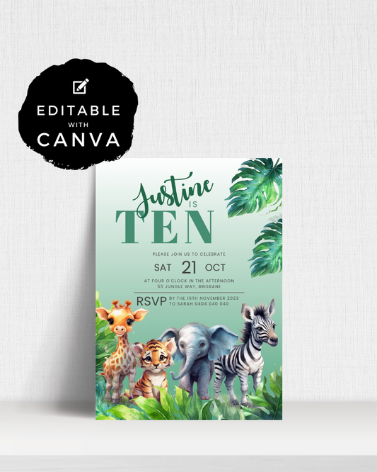 A birthday invitation featuring a giraffe, tiger, elephant, and zebra surrounded by lush green foliage.