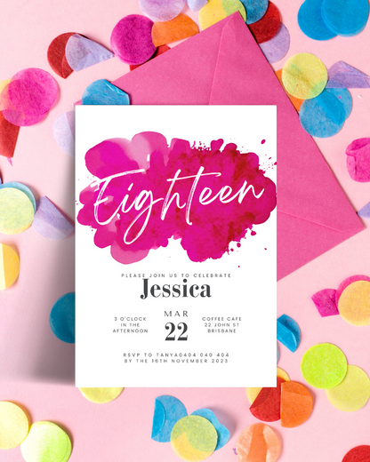 Colorful confetti surrounds a pink envelope and a celebratory card featuring bold, artistic text.