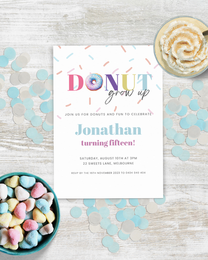 Colorful invitation featuring sprinkles, heart-shaped candies, and a celebratory theme for a 15th birthday party.