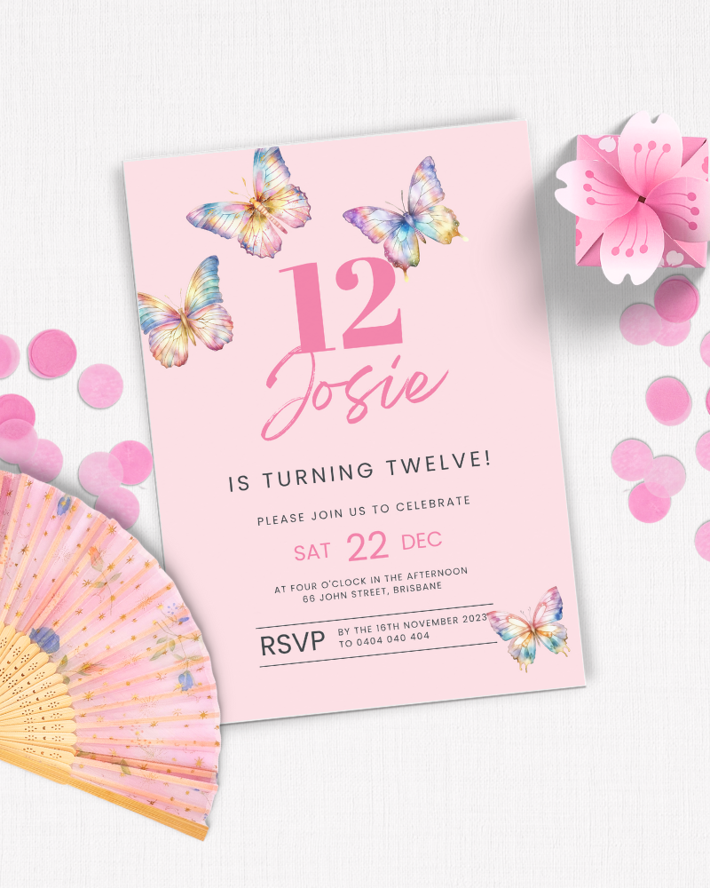 A pink invitation featuring butterflies, confetti, and floral accents, celebrating a 12th birthday party.