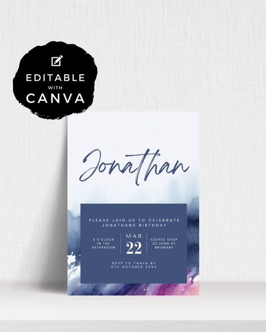 Elegant birthday invitation featuring watercolor splashes and stylish typography, editable with Canva.