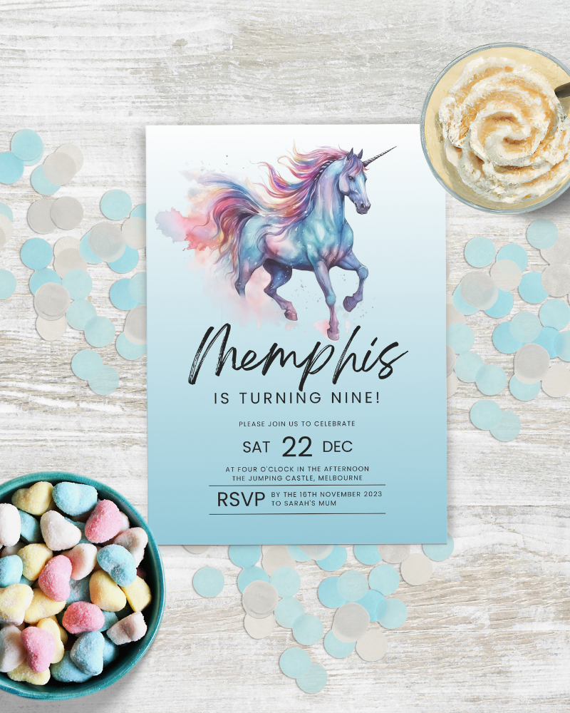 A colorful unicorn illustration announces a birthday celebration with pastel confetti and heart-shaped sweets.