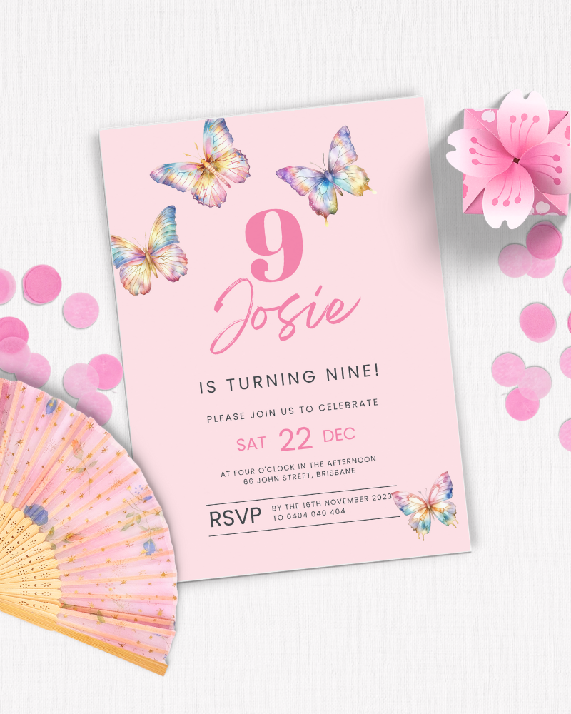 A birthday invitation featuring colorful butterflies, festive confetti, and a delicate fan, celebrating Josie's 9th birthday.