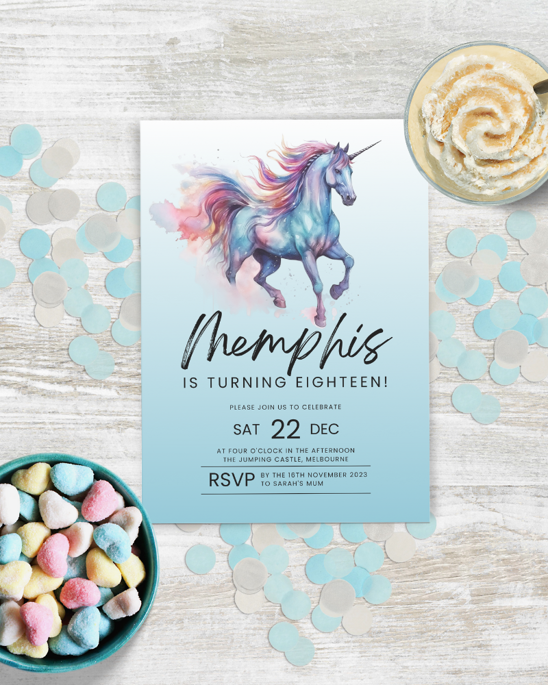 Colorful unicorn illustration with pastel confetti and heart-shaped candies, celebrating a birthday invitation.