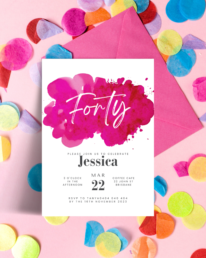 Colorful confetti surrounds a pink invitation featuring "Forty" and details for a celebration in Brisbane.