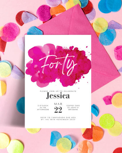 Colorful confetti surrounds a pink invitation featuring "Forty" and details for a celebration in Brisbane.