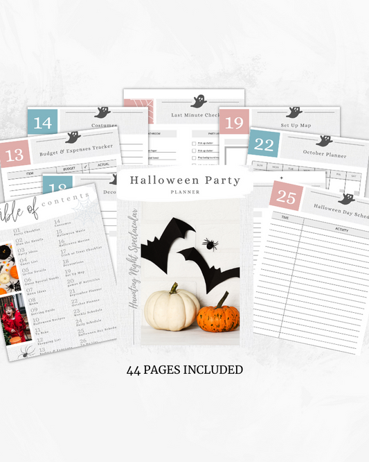 Halloween planner featuring pumpkins, bat cutouts, and checklist pages for organizing festivities.