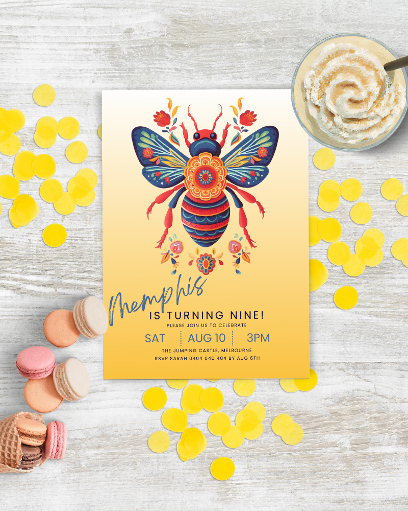 Colorful invitation featuring a decorative bee and floral elements, surrounded by yellow confetti and sweet treats.