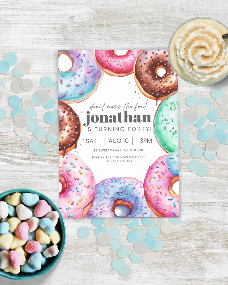 A colorful invitation features illustrated donuts surrounded by decorative confetti and a sweet treat in a bowl.