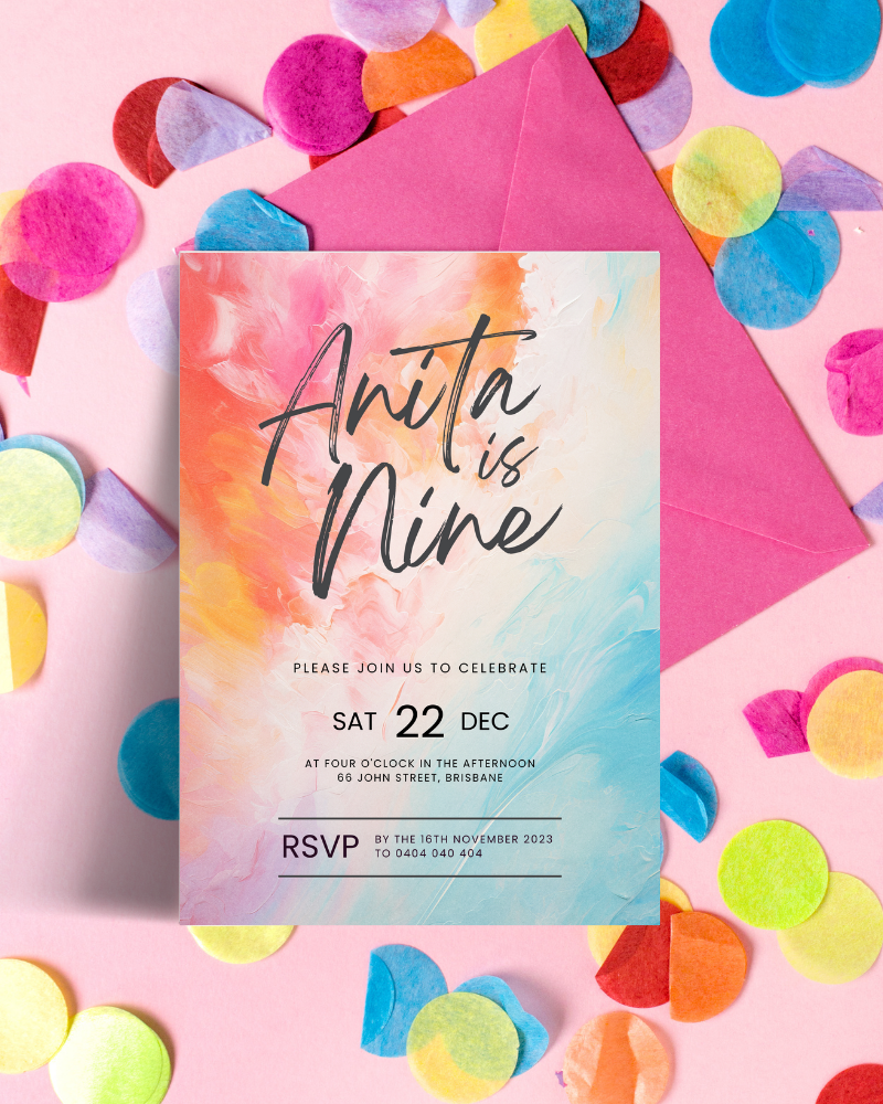 A colorful invitation card surrounded by vibrant confetti and a pink envelope, celebrating a special birthday.