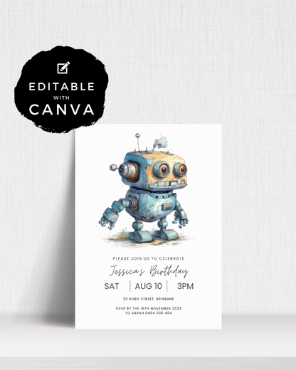 A whimsical robot illustration with large expressive eyes and colorful body, promoting a birthday celebration.