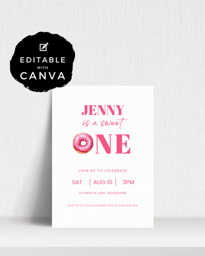 A festive invitation featuring pink text and a donut illustration, celebrating Jenny's first birthday party.