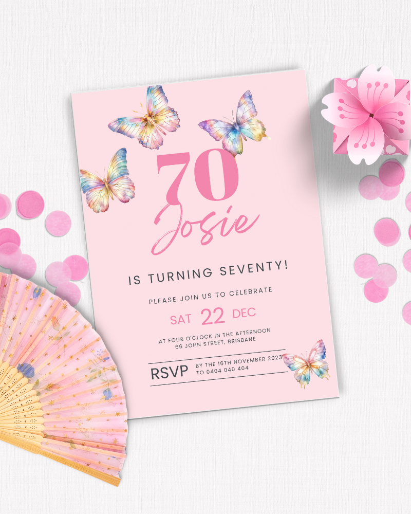 A festive invitation featuring butterflies, a pink color scheme, and decorative elements for a 70th birthday celebration.