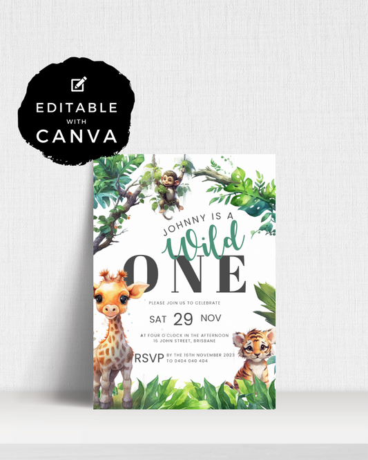 A vibrant invitation featuring a playful monkey, giraffe, and tiger among lush greenery, celebrating a birthday.