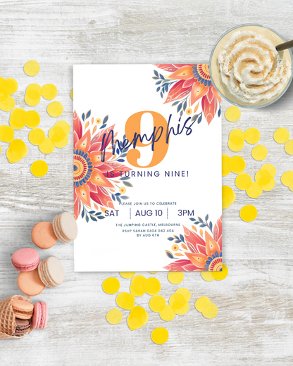 A colorful invitation with floral accents, celebrating a birthday with yellow confetti and sweet treats nearby.