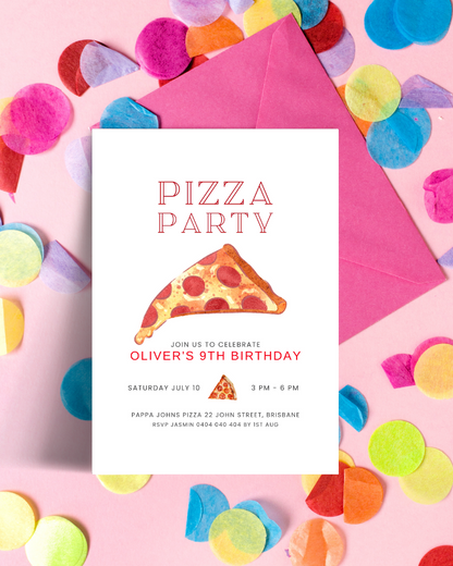 Colorful confetti surrounds a birthday invitation featuring a pizza slice and details for Oliver's 9th birthday celebration.