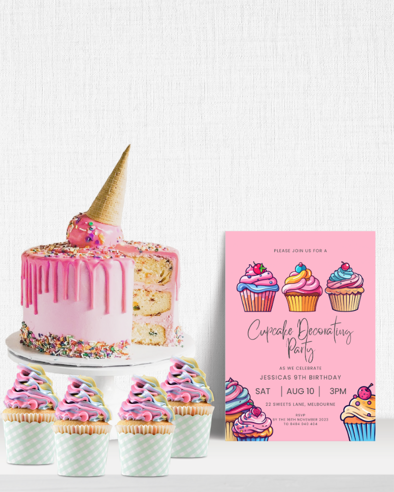 A colorful cake with a cone, pink frosting, sprinkles, and a festive invitation for a birthday cupcake party.