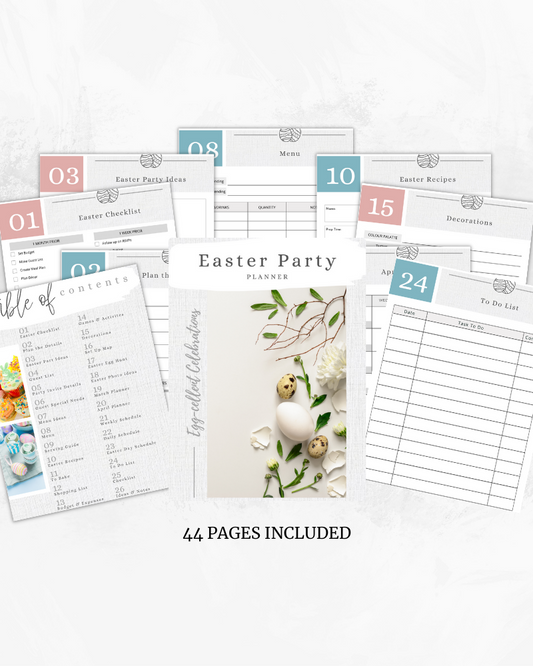 A collection of planner pages featuring Easter themes, eggs, and floral elements on a light background.