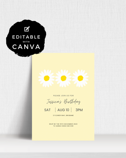 Inviting birthday announcement featuring daisies on a soft yellow background with RSVP details and event information.