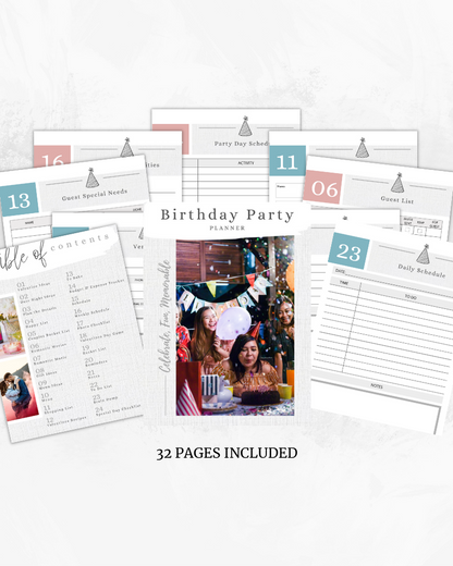 A colorful birthday planner layout with pages showing schedules, guest lists, and joyful party scenes.