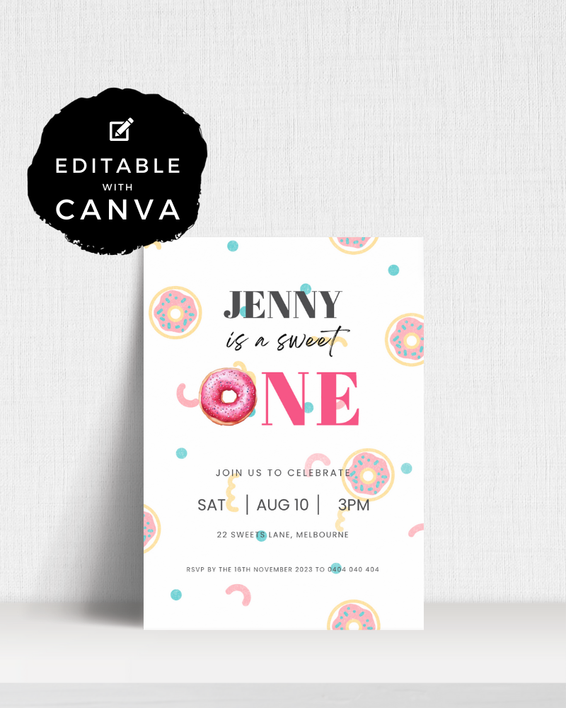 Colorful birthday invitation featuring playful donut illustrations, bright typography, and celebratory accents.