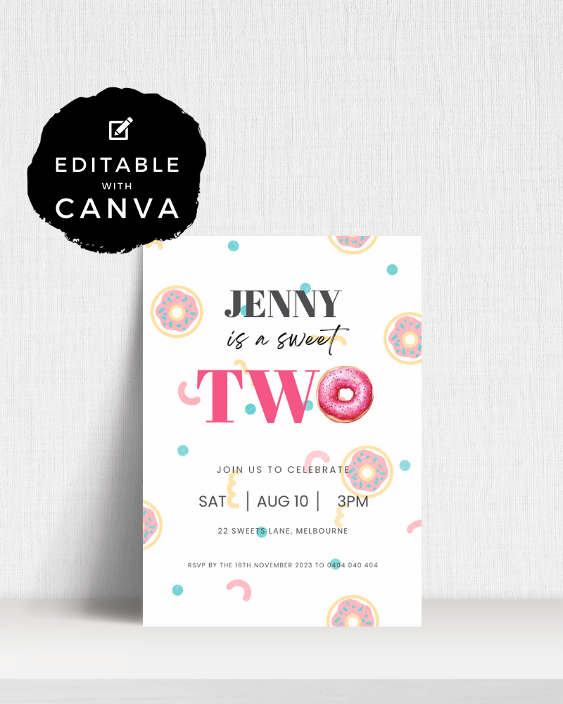 Colorful invitation featuring playful donut graphics, vibrant text, and festive accents for a birthday celebration.