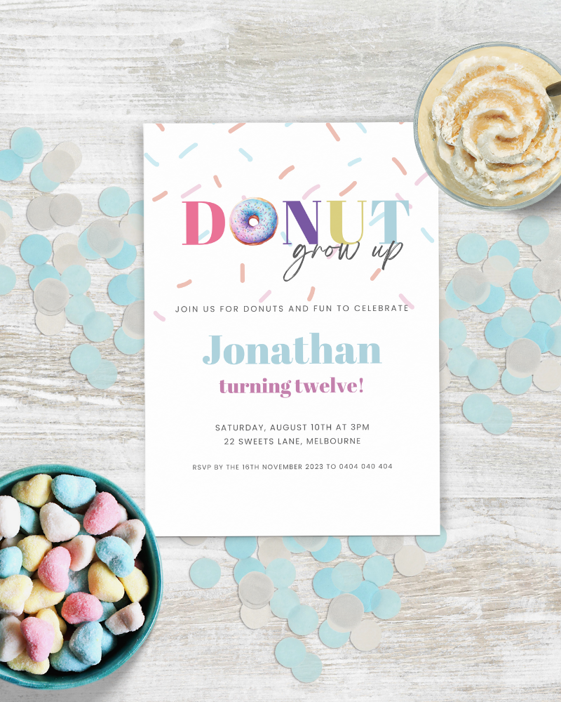 Colorful invitation with playful text, confetti, and treats, celebrating Jonathan's twelfth birthday.