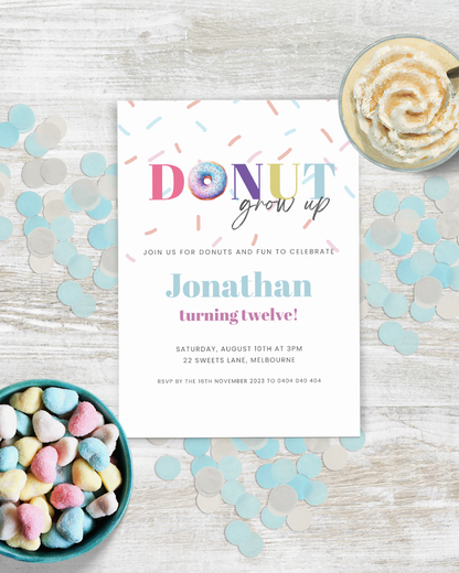 Colorful invitation with playful text, confetti, and treats, celebrating Jonathan's twelfth birthday.