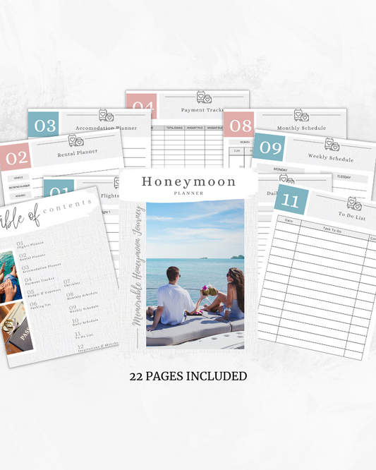 Honeymoon planner featuring pages for schedules and expenses with a romantic beach photo of a couple enjoying the view.