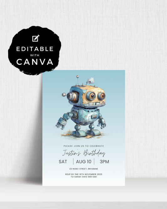 A whimsical robot character with large eyes and a friendly expression invites guests to a birthday celebration.