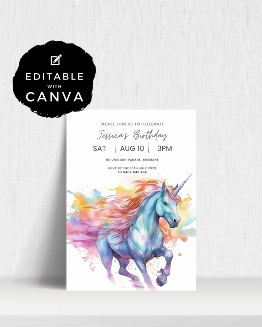 Colorful birthday invitation featuring a unicorn with a flowing mane, surrounded by vibrant splashes of color.