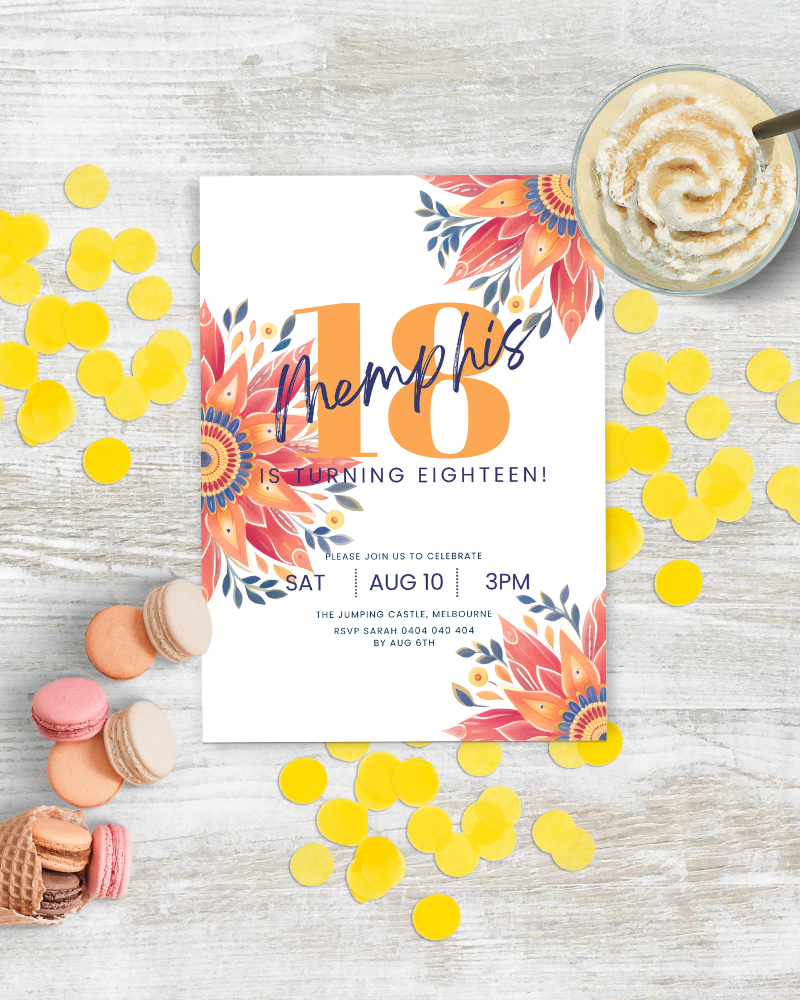 Colorful invitation for an 18th birthday with floral accents, surrounded by yellow confetti and sweet treats on a wooden surf