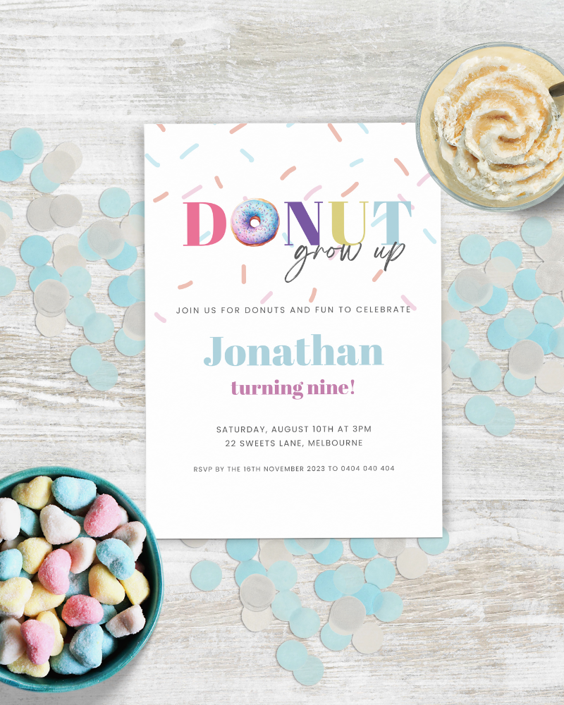 Colorful invitation featuring playful text and sweet treats, celebrating Jonathan's ninth birthday with pastel confetti.